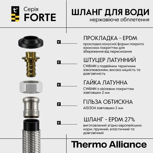 Гнучка підводка для змішувача 60 см Thermo Alliance 1/2" &times; М10, &Oslash;13,5 мм (збільшений діаметр), нержавіюче обплетення (пара) SD00055495 фото