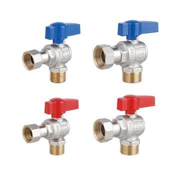 Комплект кульових кутових кранів з накидною гайкою Thermo Alliance Standart (4 шт: 1/2"&times;2, 3/4"&times;2) ВН, латунні, PN40, ручка-метелик (синій/червоний), нікельовані SD00054692 фото