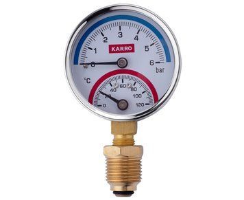 Термоманометр Karro радіальний (нижнє підключення) 0&ndash;6 бар / 0&ndash;120 &deg;C, 1/2", &Oslash;63 мм CV007619 фото