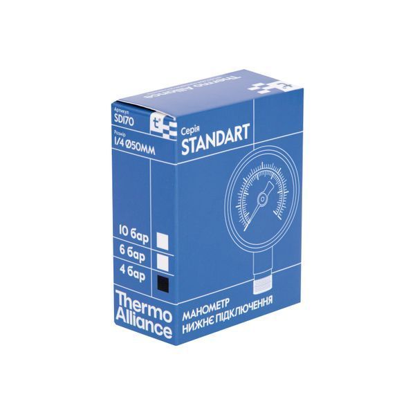 Манометр для води Thermo Alliance 1/4" 0&ndash;4 бар, &Oslash;50 мм, радіальний (нижнє підключення), SD1704B SD00006077 фото