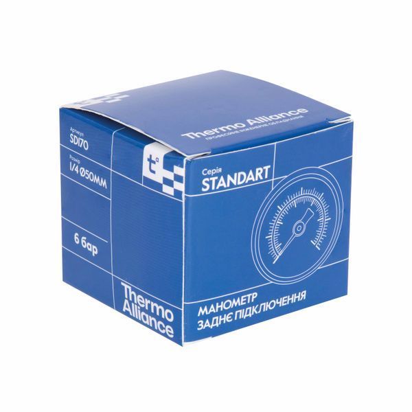 Манометр для води Thermo Alliance 1/4" 0&ndash;6 бар, &Oslash;50 мм, аксіальний (заднє підключення), SD1716B SD00021359 фото
