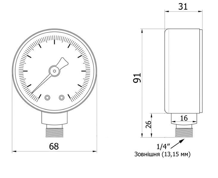 Манометр для води Thermo Alliance 1/4" 0&ndash;6 бар, &Oslash;68 мм, радіальний (нижнє підключення), гліцериновий (заповнений гліцерином), TAF170G4B SD00053544 фото