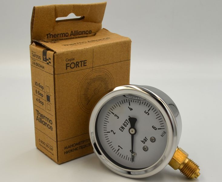 Манометр для води Thermo Alliance 1/4" 0&ndash;6 бар, &Oslash;68 мм, радіальний (нижнє підключення), гліцериновий (заповнений гліцерином), TAF170G4B SD00053544 фото