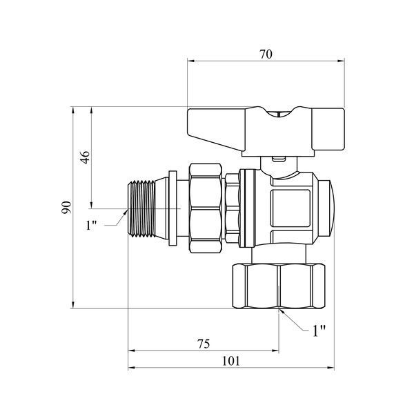 Кран кульовий кутовий американка Karro Uno 1" ВН, латунний, PN40, ручка-метелик, нікельований CV034684 фото