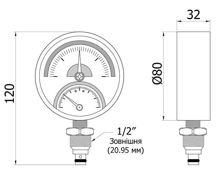 Термоманометр Thermo Alliance радіальний (нижнє підключення) 0&ndash;6 бар / 0&ndash;120 &deg;C, 1/2", &Oslash;80 мм SD00021361 фото